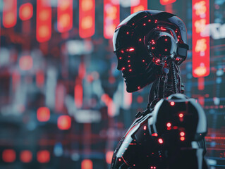 AI robot analyzing financial charts. Stock market illustration with an artificial intelligence focus.