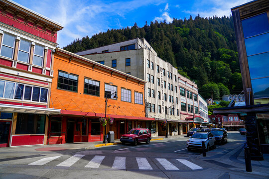 Front Street in downtown Juneau, the capital city of Alaska, USA