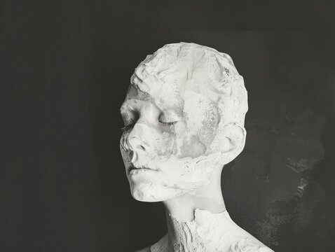 A woman's face is covered in white powder, giving it a ghostly appearance