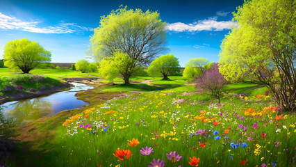 
Illustration of spring scenery with green grass, beautiful blooming, green trees, blue sky. Spring coming to life. 4K illustration
