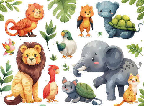 collection of cartoon animals, bright and cute clipart.
Concept: children's educational book, getting to know animals, developing imagination