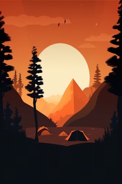 A painting of a mountain range with a sun in the sky and a couple of tents