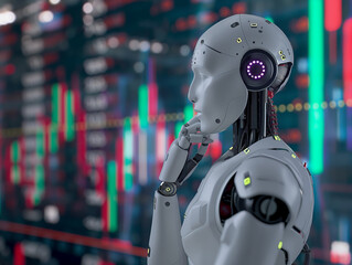 AI robot analyzing financial charts. Stock market illustration with an artificial intelligence focus.