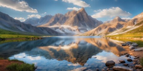 Fototapeta na wymiar Mountain lake reflection, generative AI