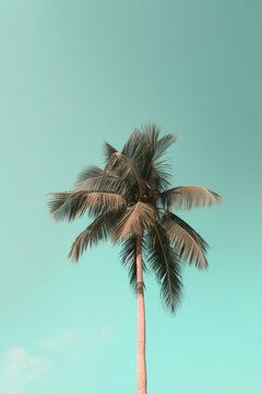 A palm tree is standing tall in a blue sky
