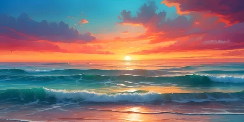 Papier Peint photo Lavable Orange Vibrant sunset over a tranquil ocean horizon, generative AI