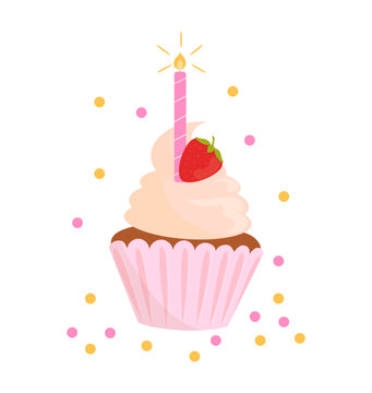 Birthday strawberry cupcake with candle and confetti. Greeting card. Vector illustration on white background.