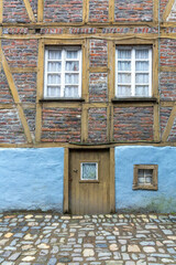 Monschau, Germany. 19 february 2024. Front view of Monschau and typical half-timbered German house.