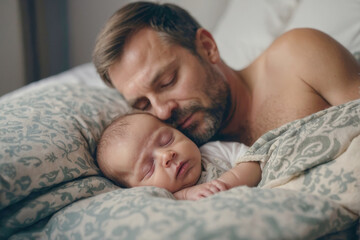 A man is holding a sleeping baby in his arms. Concept of warmth, love, and tenderness between the man and the baby