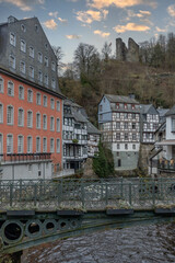 Monschau, Germany. 19 february 2024. Cityscape view of Monschau with: Museum Rotes Haus, a bridge,...