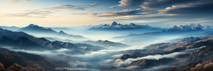 Panoramic view of a mountainous landscape enshrouded in the soft mist of early morning. Various shades of blue and grey layered effect. Light and shadow adds sense of tranquility to the scene. - obrazy, fototapety, plakaty