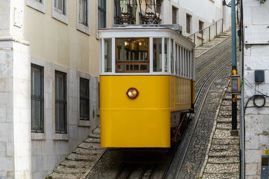 Lisbon, Portugal. 8 December 2023. The Elevador do Lavra was one of the first street funicular in the world when it was built in 1884 the one of the oldest cable cars in Lisbon still in use.