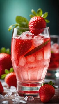 Strawberries in a glass with clear liquid. Perhaps strawberry vodka. Strawberry concept.