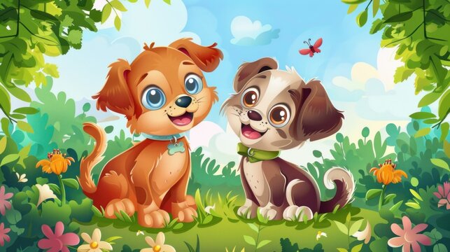 Two cartoon dogs are sitting in a grassy field with a butterfly flying above them. Scene is lighthearted and playful, as the dogs seem to be enjoying their time in the outdoors
