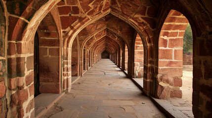 Fototapeta na wymiar Repeating Narrow Archways in Brick Fort . Generative Ai