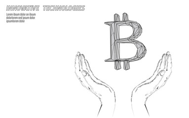 Bitcoin symbol carrying in hands. Golden currency crypto currency banking system. Economy commerce network blockchain vector illustration