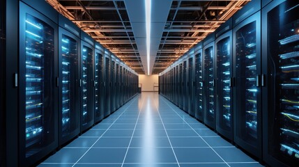 Depict a state of the art data center with rows of server racks, cooling systems, and redundant power supplies	
