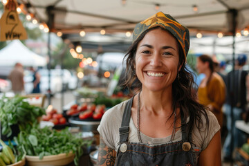 A woman wearing a turban and apron stands of a vegetable stand. A vibrant woman proudly showcases her locally-sourced, natural whole foods with a genuine at the bustling market