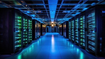 Depict a state of the art data center with rows of server racks, cooling systems, and redundant power supplies	
