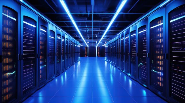 Depict a state of the art data center with rows of server racks, cooling systems, and redundant power supplies	
