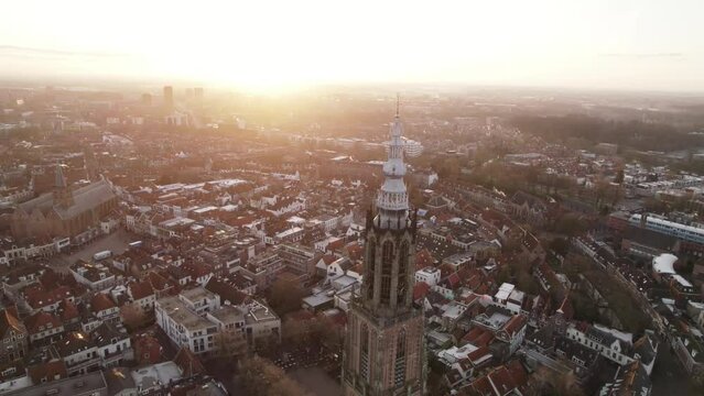 Aerial view of Amersfoort at spring season with the Lieve Vrouwe Tower, The Netherlands, Town Skylin