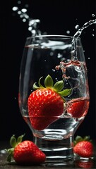 Strawberries in a glass with clear liquid. Perhaps strawberry vodka. Strawberry concept.