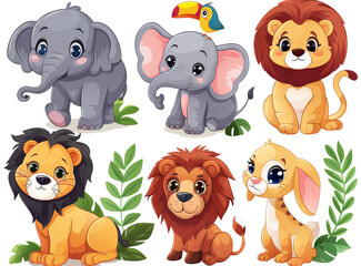 collection of cartoon animals, bright and cute clipart.
Concept: children's educational book, getting to know animals, developing imagination