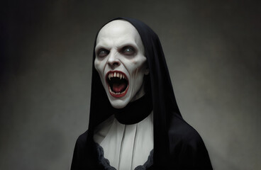 Spooky nun. Creepy bald female vampire with sharp teeth and victorian attire - obrazy, fototapety, plakaty
