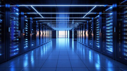 Naklejka premium Depict a state of the art data center with rows of server racks, cooling systems, and redundant power supplies 