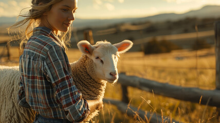 Woman cuddling a lamb on a farm.