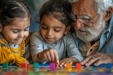 Granddad, grandpa and cute little preschool kid girl using developing learning board game at home, playing with colorful boards. Grandfathers entertaining child.