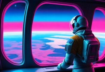 Astronaut in a blue space suit looking out of a spacecraft window