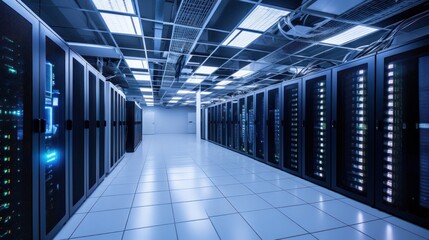 Depict a state of the art data center with rows of server racks, cooling systems, and redundant power supplies	
