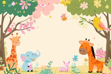 Naklejka premium A group of animals in a forest, including giraffes, elephants, and birds. The scene is lively and colorful, with flowers and trees in the background
