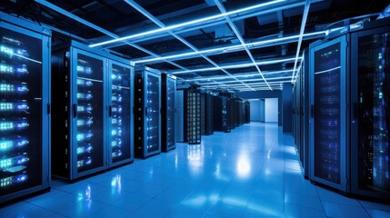 Fototapeta premium Depict a state of the art data center with rows of server racks, cooling systems, and redundant power supplies 