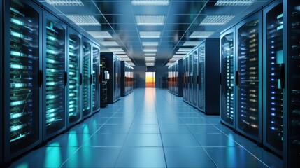 Fototapeta premium Depict a state of the art data center with rows of server racks, cooling systems, and redundant power supplies 