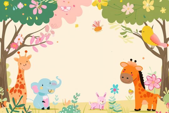 A group of animals in a forest, including giraffes, elephants, and birds. The scene is lively and colorful, with flowers and trees in the background