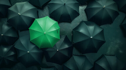 A green umbrella among a crowd of black umbrellas - Concept of success, of being special as a leader, with its own identity, having a difference, new ideas and special skills among the others