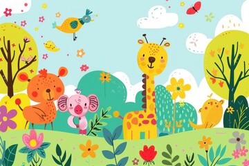 A group of animals are in a field with trees and flowers. Scene is cheerful and playful