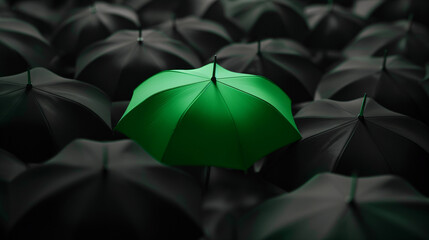 A green umbrella among a crowd of black umbrellas - Concept of success, of being special as a leader, with its own identity, having a difference, new ideas and special skills among the others - obrazy, fototapety, plakaty