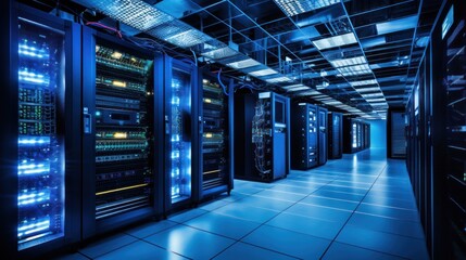 Depict a state of the art data center with rows of server racks, cooling systems, and redundant power supplies	
