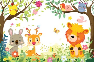 Obraz na płótnie Canvas A group of cartoon animals are sitting in a forest. The animals include a bear, a deer, a rabbit, and a bird. The scene is bright and colorful, with lots of flowers and trees