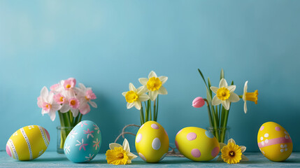 Easter holiday celebration banner greeting card banner, Set collection of big colorful painted easter eggs and daffodils flowers on table with blue background