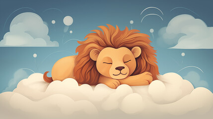 Leão dormindo nas nuvens - Ilustração infantil