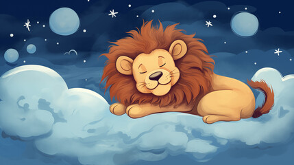 Leão dormindo nas nuvens - Ilustração infantil - obrazy, fototapety, plakaty