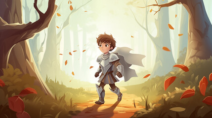 Cavaleiro de  armadura andando na floresta - Ilustração infantil - obrazy, fototapety, plakaty