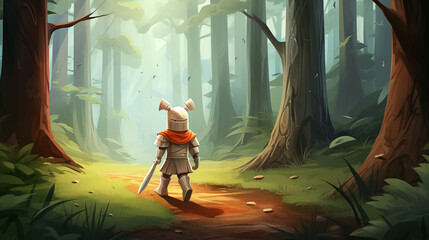 Cavaleiro de  armadura andando na floresta - Ilustração infantil - obrazy, fototapety, plakaty