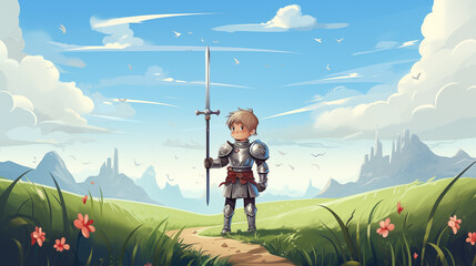 Cavaleiro de armadura no campo  - Ilustração infantil