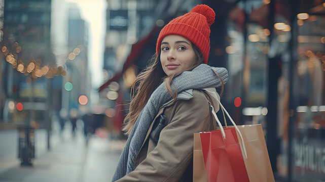 pretty young woman with shopping bags in the city, pretty woman portrait 