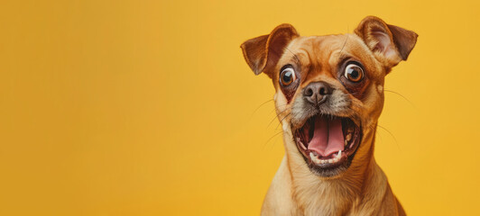 A small brown dog with big eyes and a big smile on its face. The dog is looking at the camera and he is happy. Surprised shocked dog with open mouth and big eyes isolated on flat solid background.